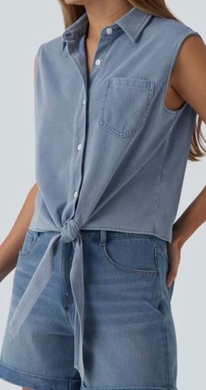NWT M Halara Flex™ Sleeveless Tie Front Denim Casual Shirt with Pocket